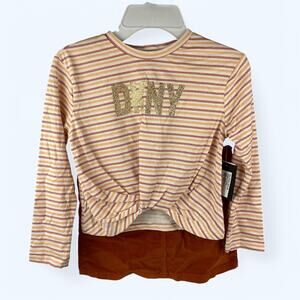 DKNY Girls Long Sleeve Glitter Logo Tee and Corduroy Skirt Set sz 6 Powder Puff